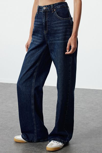 Trendyol Collection Magas derekú sötétkék széles lábú farmernadrág - Twoaw25je00080