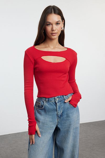 Trendyol Collection Black and Red 2-Piece Body-Fitting Ribbed Knitted Blouse - Cut Out Detail, Flexible TWOAW25BZ00059