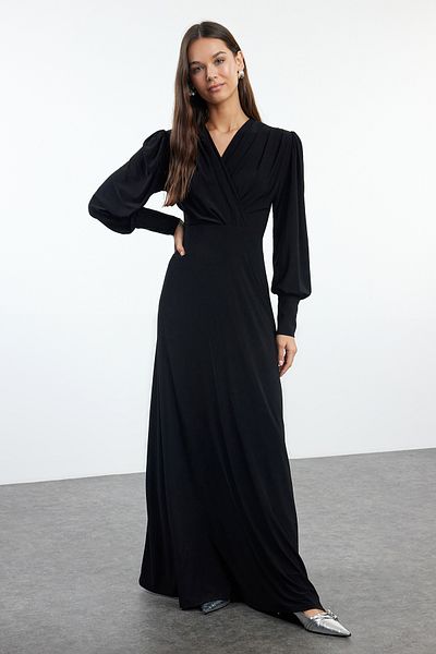 Trendyol Collection Μαύρο ίσιο μάξι διπλό στήθος με λεπτομέρεια σε γραμμή Α/καμπάνα πλεκτό φόρεμα με μανίκια αγγέλου TWOAW25EL00098