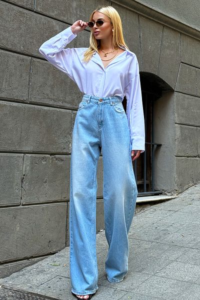 Trend Alaçatı Stili Modré dámské džíny s vysokým pasem - Fade Effect, široká noha ALC-X12558