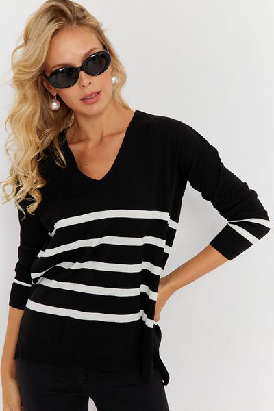 Cool & Sexy Pulover de damă cu decolteu în V cu dungi - YİL550