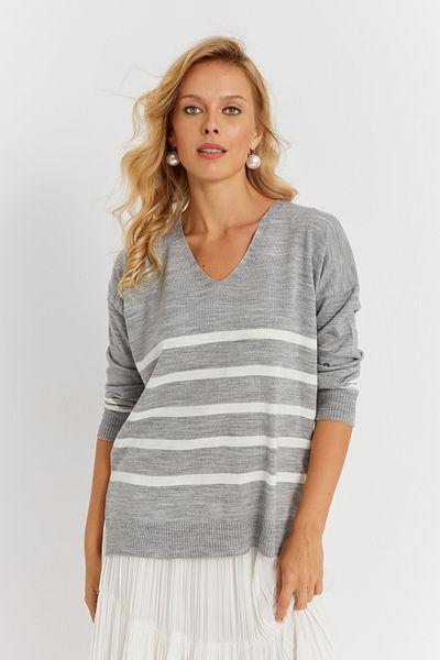 Cool & Sexy SZÜRKE V-nyakú csíkos női kötött pulóver - Yi̇L550