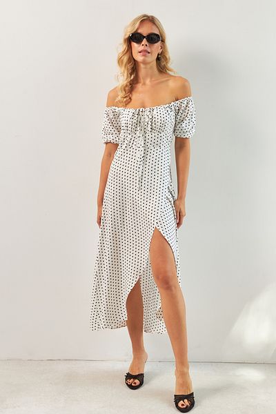 Cool & Sexy Rochie midi de damă cu fantă cu model alb - KED0243