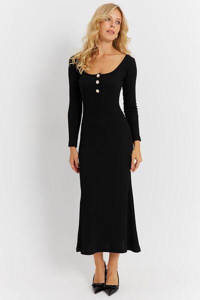 Cool & Sexy Czarna sukienka midi z ramiączkami - Guziki DetaileD EY2854