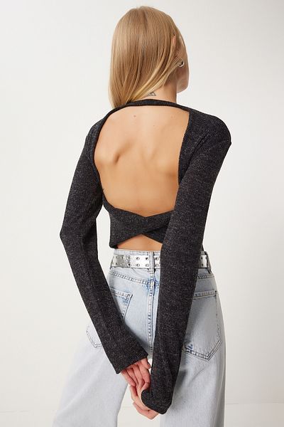 Happiness İstanbul Anthracite Women's Blouse - Backless and Snap Fasteners Fn03304
