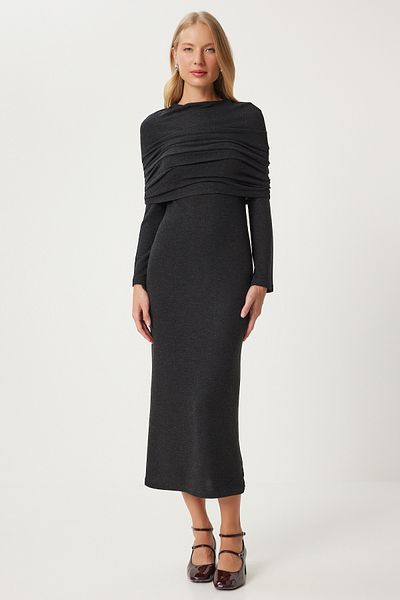 Happiness İstanbul AnthraciteCarmenCollar Long Women's Knitwear Dress - Fn03325