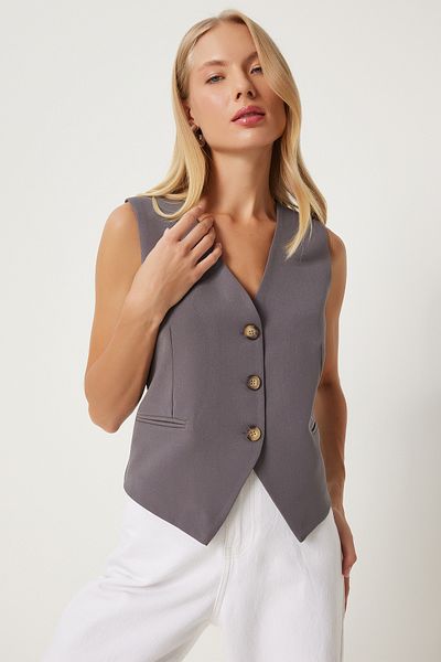 Happiness İstanbul Gray V-neck Women's Vest - Woven, Lv00004
