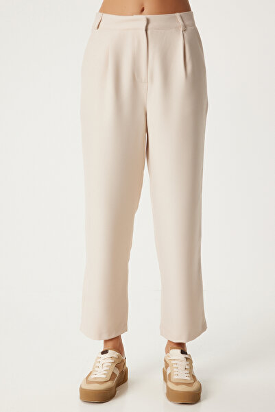 Happiness İstanbul Cream Colored Women's Woven Trousers - Pipe Leg Fn03310