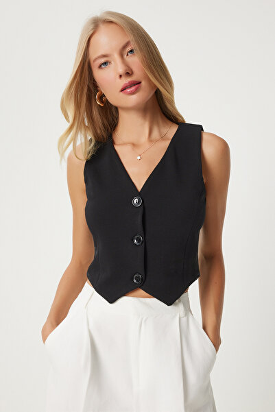 Happiness İstanbul Black V-neck Lycra Women'sCropVest - Rv00198
