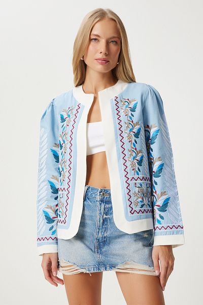 Happiness İstanbul Hellblaue bestickte Damenjacke aus Leinen - Es00170