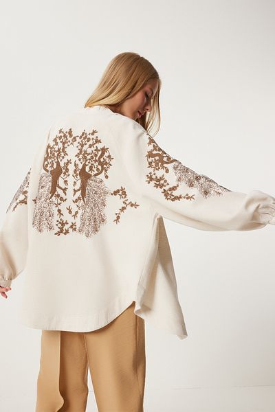 Happiness İstanbul LeinenKimono - Damen, Cremefarben, Bestickt, Or00005