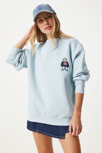 Happiness İstanbul Hanorac oversize brodat albastru cer pentru femei - emblematic raster NJ00160