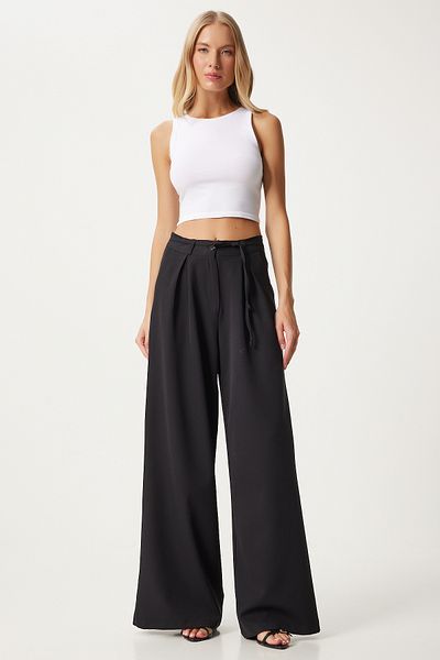 Happiness İstanbul High Waist and Belted Black Women's Trousers - FN03281
