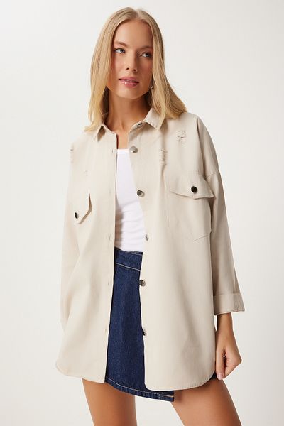 Happiness İstanbul Κρεμ Χρώμα Oversize Gabardine Γυναικείο Πουκάμισο-τζάκετ DX00017