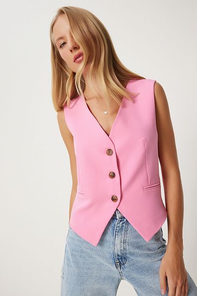 Happiness İstanbul Pink V-neck Women's Vest - Woven Lv00004