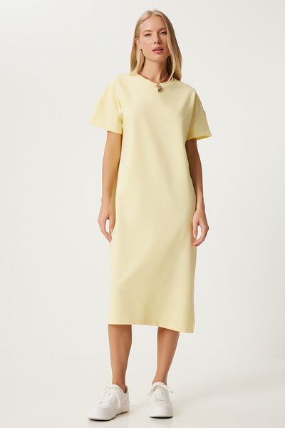 Happiness İstanbul Gelbes Damenkleid aus gekämmter Baumwolle für den Sommer, UB00080