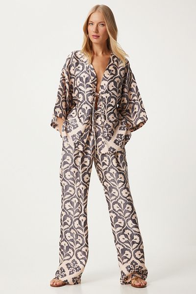 Happiness İstanbul Viscose Laced Gray Cream PatternedPalazzoBlouse Set - Fn03278
