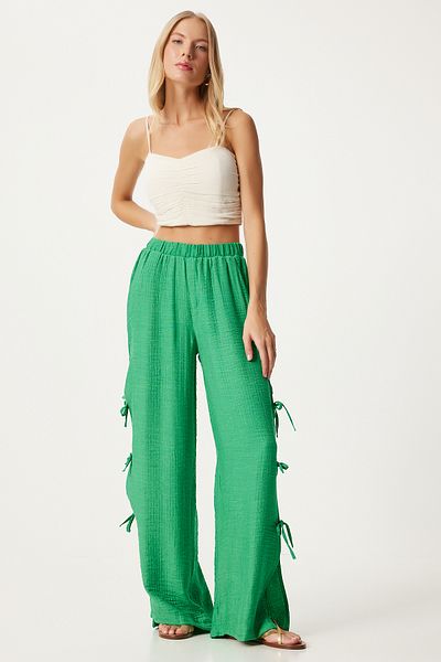 Happiness İstanbul Green linen Trousers - Bow Detail and Slit FN03298