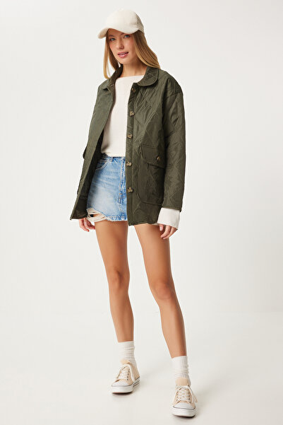 Happiness İstanbul KHaki Oversize steppelt női kabát - zsebes, FO00001