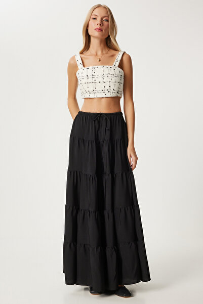 Happiness İstanbul Fekete hullámos bő, kényelmes női nyári szoknya - Ul00039
