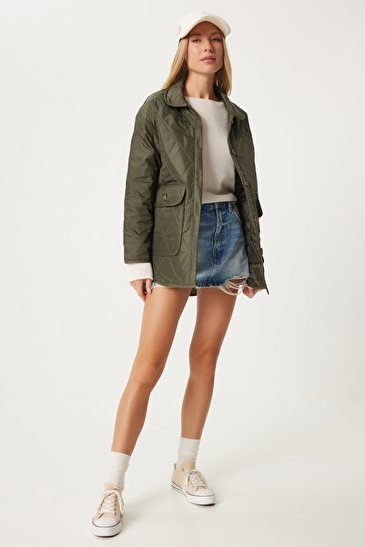 Happiness İstanbul KHaki Oversize steppelt női kabát - zsebes, FO00001