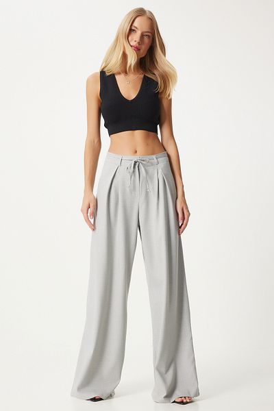 Happiness İstanbul Women's GraY Trousers with High Waist and Belt - FN03280