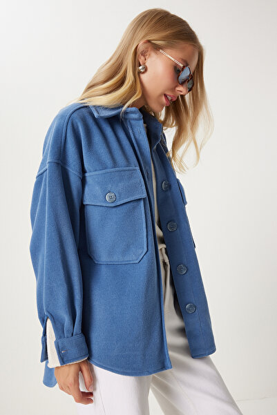 Happiness İstanbul Indigókék pecsétes női ingkabát - zsebekkel Nv00071