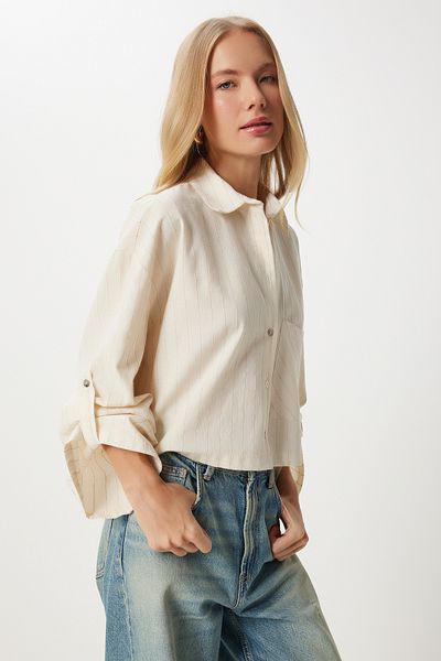 Happiness İstanbul Kurzes Leinenshirt - Damen, Creme, Dünne Streifen, DM00140