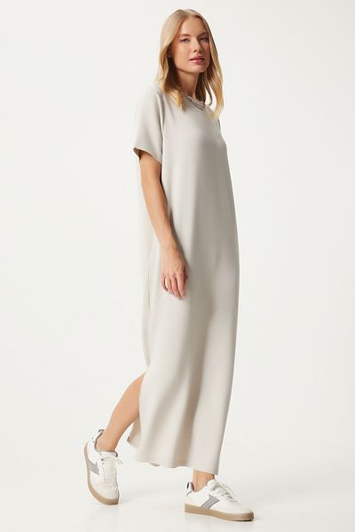 Happiness İstanbul Stone Colored Long knitted Summer Dress - Side Slit HW00011