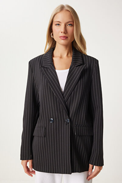 Happiness İstanbul Oversize dámská bunda Black Pinstripe Oversize - Double Breasted TO00152