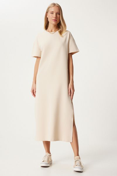 Happiness İstanbul Damen Creme Baumwolle Sommer Casual gekämmt Kleid UB00080