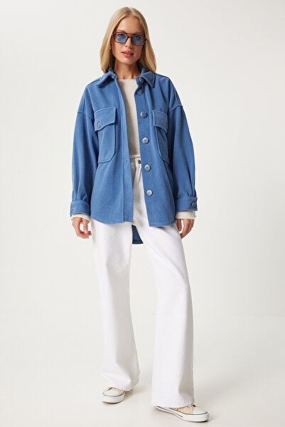 Happiness İstanbul Indigókék pecsétes női ingkabát - zsebekkel Nv00071