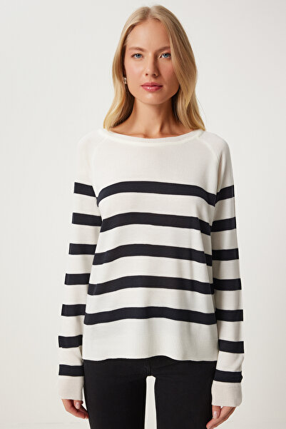 Happiness İstanbul Ecru pruhovaná pohodlná dámska pletená blúzka - Fn03306