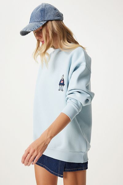 Happiness İstanbul Hanorac oversize brodat albastru cer pentru femei - emblematic raster NJ00160