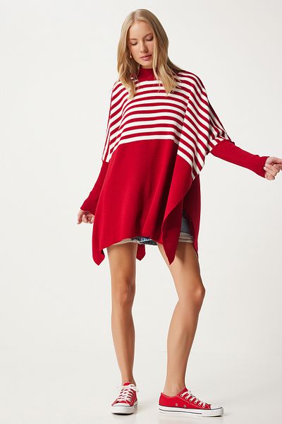 Happiness İstanbul Rot gestreifter Oversize-Pullover mit seitlichem Schlitz für Damen - DD01336