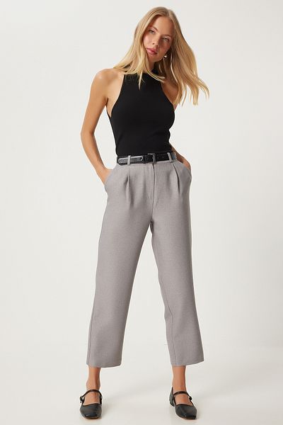 Happiness İstanbul Gray Woven Women's Trousers - Pipe Leg Fn03310