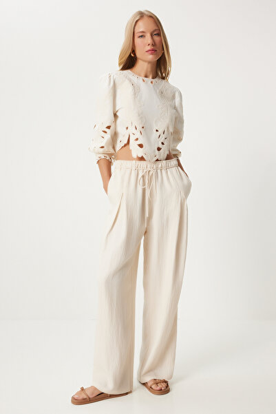 Happiness İstanbul Blůza EcruPoplinCrop - prolamovaná krajka vyšívaná, Qs00002