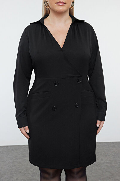 Trendyol Curve Plus Size Czarna Mini Sukienka Koszulowa - Kieszeń, Tkana TBBAW25AH00030