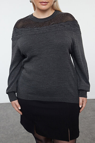 Trendyol Curve Antracit kötött pulóver - hajfonás és tüll részletes TBBAW25AN00037