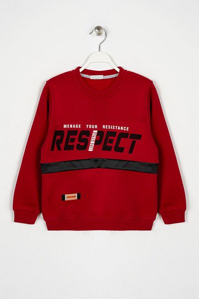 Bittoş Crew Neck Long Sleeve Respect Printed Red Color Boy's Sweatshirt