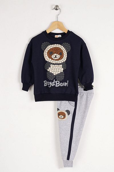 zepkids Crew Neck Long Sleeve Teddy Bear Printed Long Sleeve Navy Blue Color Boy's Two-Piece Set
