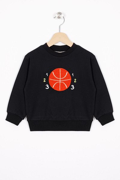 zepkids Hanorac pentru băieți de culoare neagră, brodat cu minge de baschet