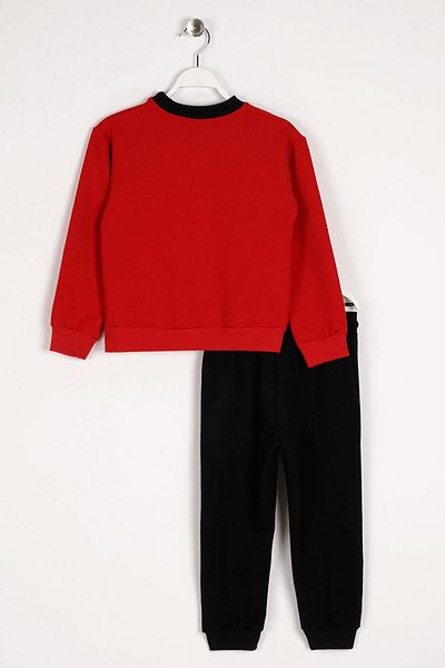 zepkids Crew Neck Long Sleeve Collar Color Detailed Red Color Boy's Two-Piece Set with Elastic Waist