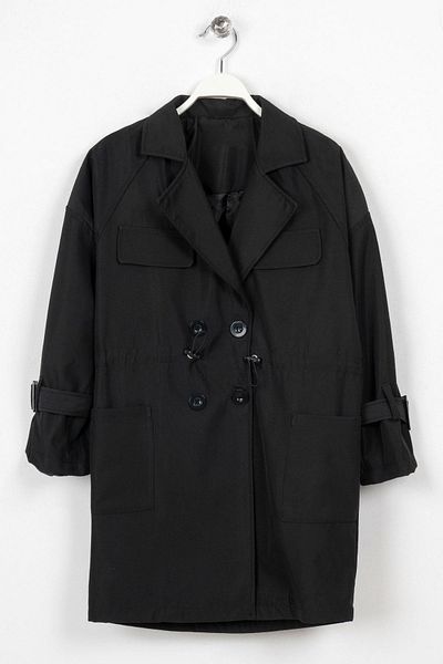 zepkids Double Breasted Long Sleeve Double Breasted Collar Waist Tie Black Color Girl's Trencoat