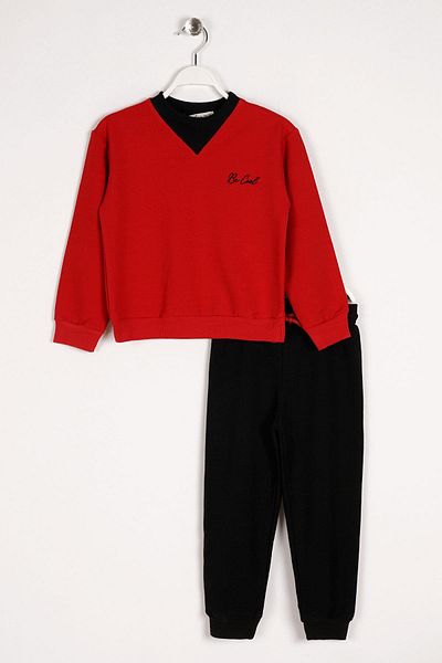 zepkids Crew Neck Long Sleeve Collar Color Detailed Red Color Boy's Two-Piece Set with Elastic Waist