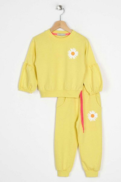 zepkids Crew Neck Long Sleeve Cıcek Patterned Yellow Color Girl's Tracksuit Set