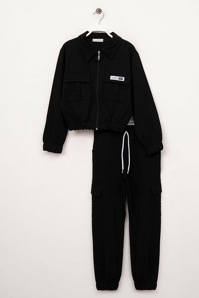 zepkids Πόλο γιακά μακρυμάνικο Cargo Pocket Μαύρο χρώμα κοριτσίστικη αθλητική φόρμα με Paca Elastic