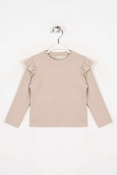 zepkids Crew Neck Long Sleeve Shoulder Frilly Beige Color Girl's Bodysuit