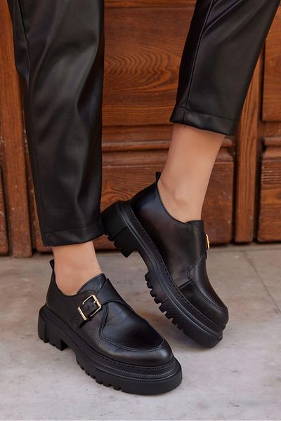 NILUFARR Juliet Black Genuine Leather Thick Soled Women's Loafer