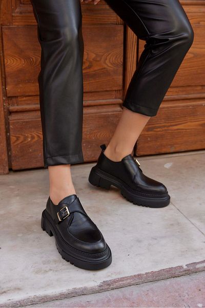 NILUFARR Juliet Black Genuine Leather Thick Soled Women's Loafer
